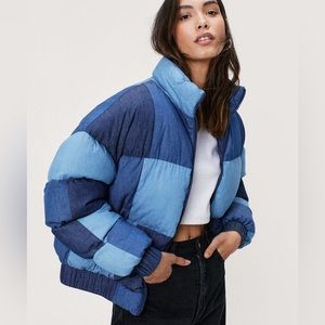 Nasty Gal Denim Patchwork Colorblock Padded Puffer Jacket